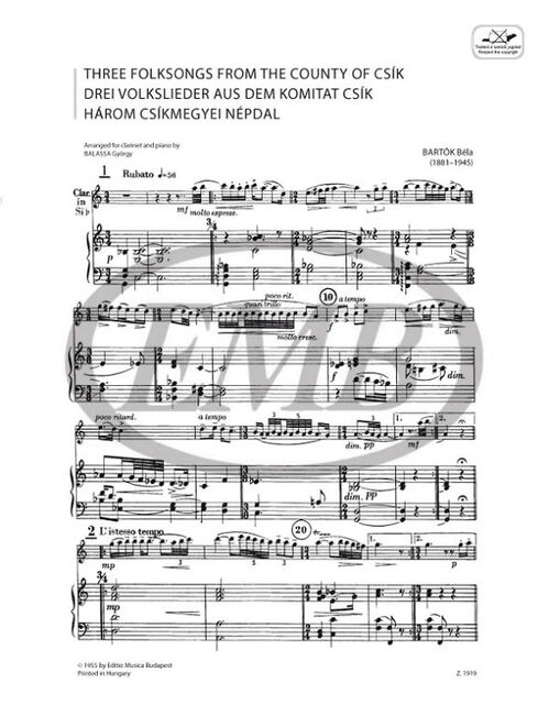 BARTOK, BELA.- THREE FOLKSONGS FROM THE COUNTY OF CSIK SAMPLE